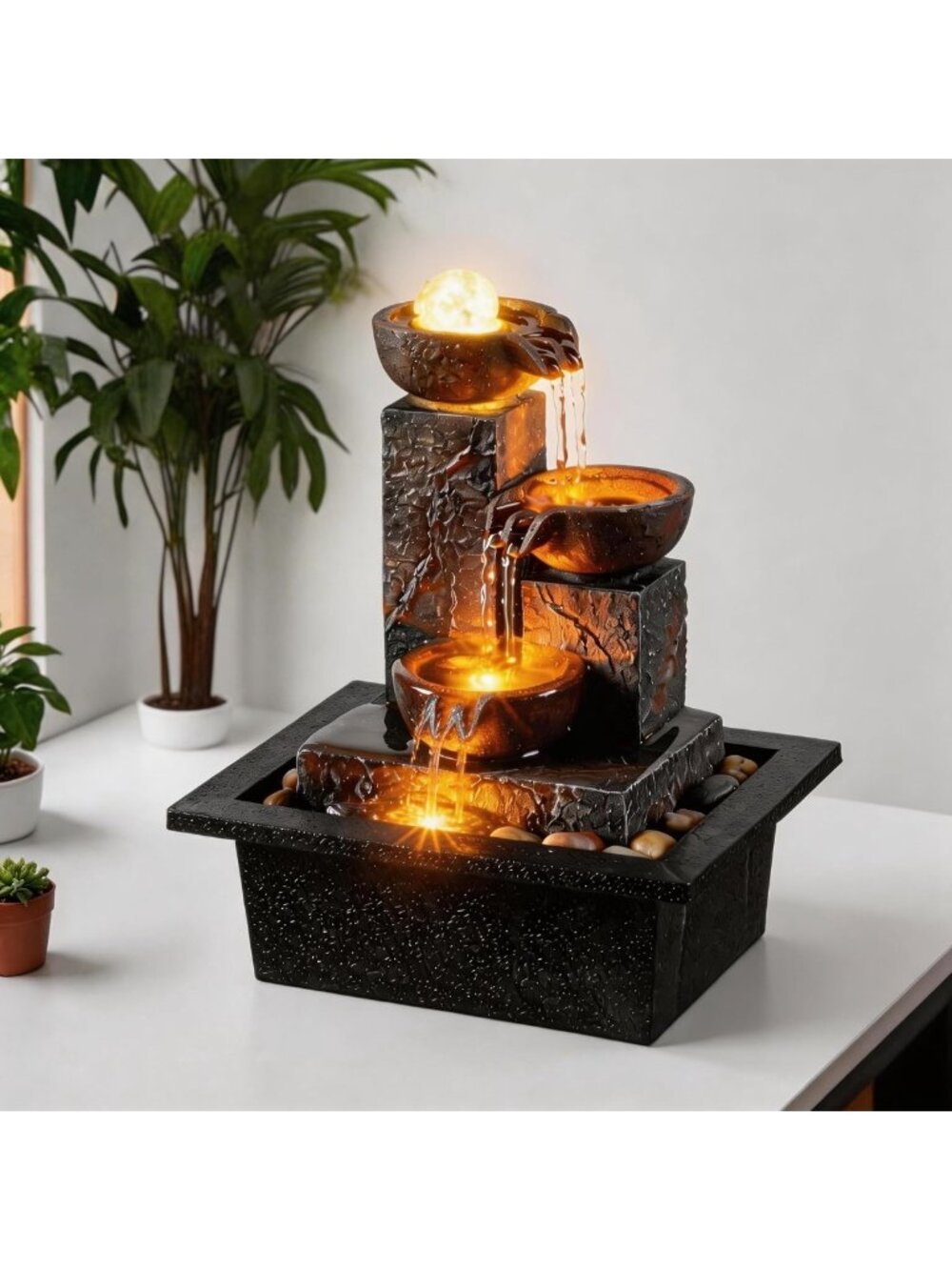 Zen Mini Tabletop Fountain with LED Light, Rotating Ball & Pebbles - Indoor